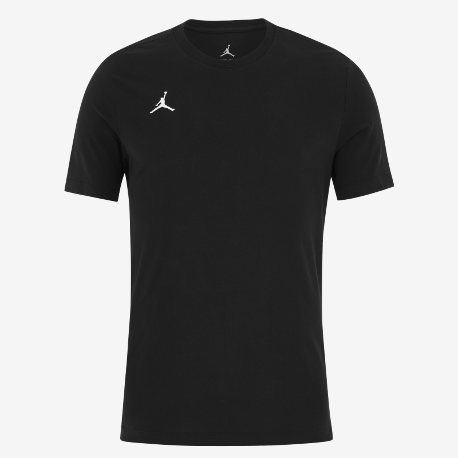 Black t-shirt with a white logo on a white background