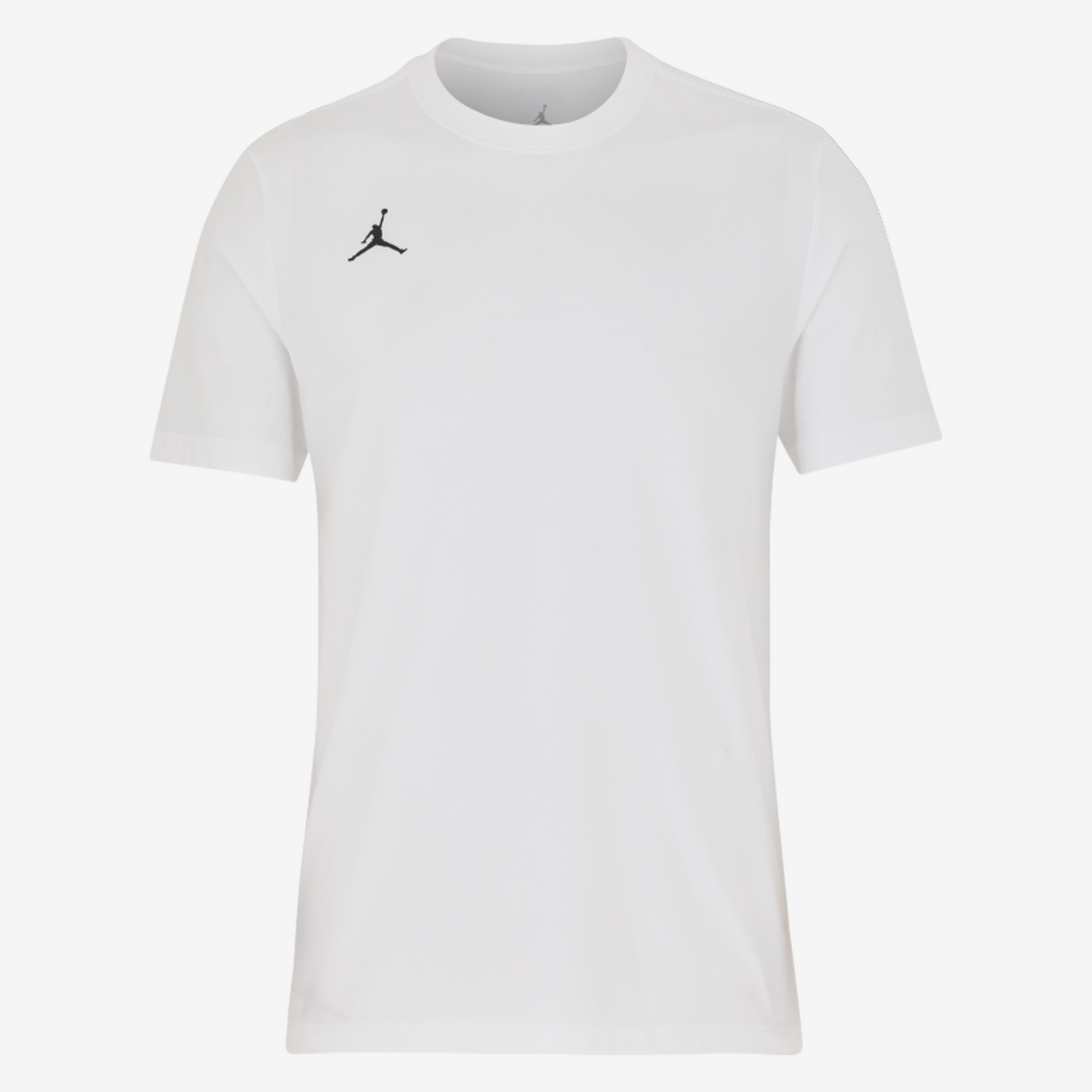 White t-shirt with a black logo on a white background