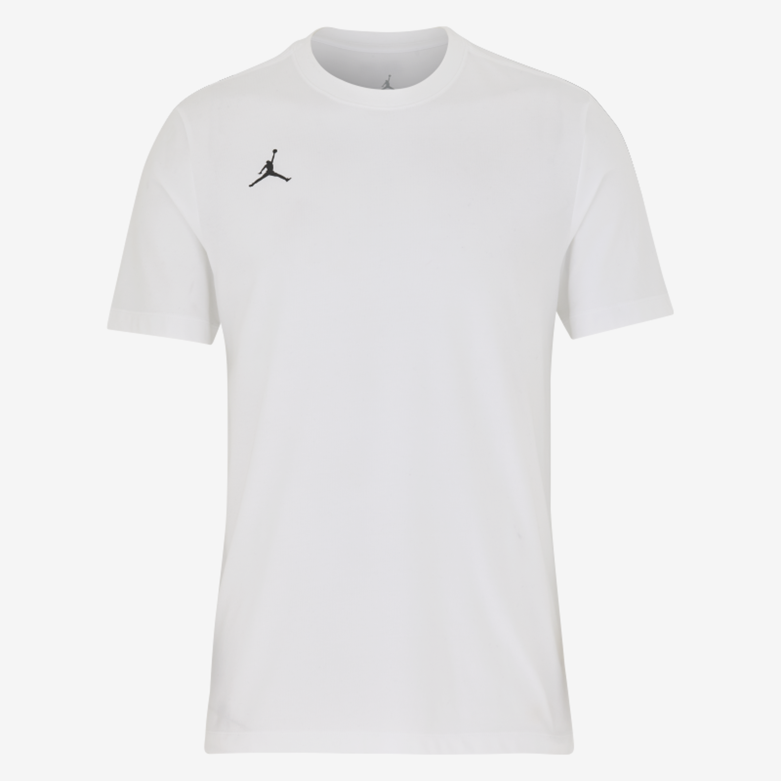 White t-shirt with a black logo on a white background