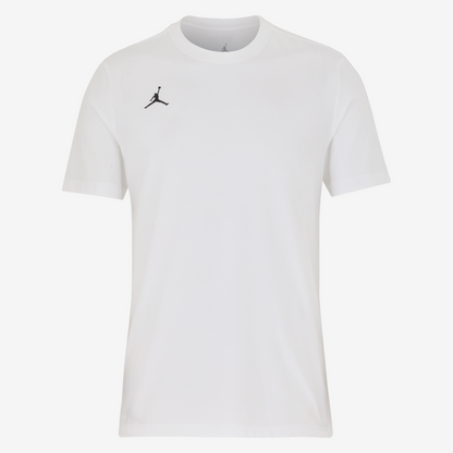 White t-shirt with a black logo on a white background
