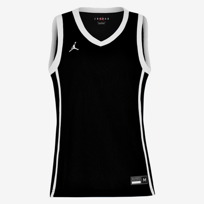 Black basketball jersey with white accents on a white background