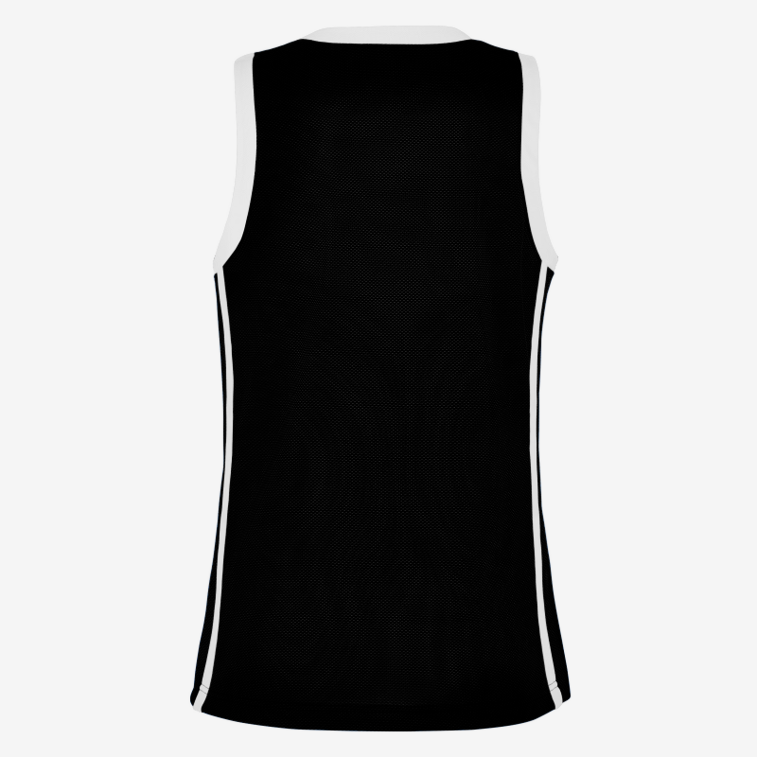 Black sleeveless shirt with white accents on a white background