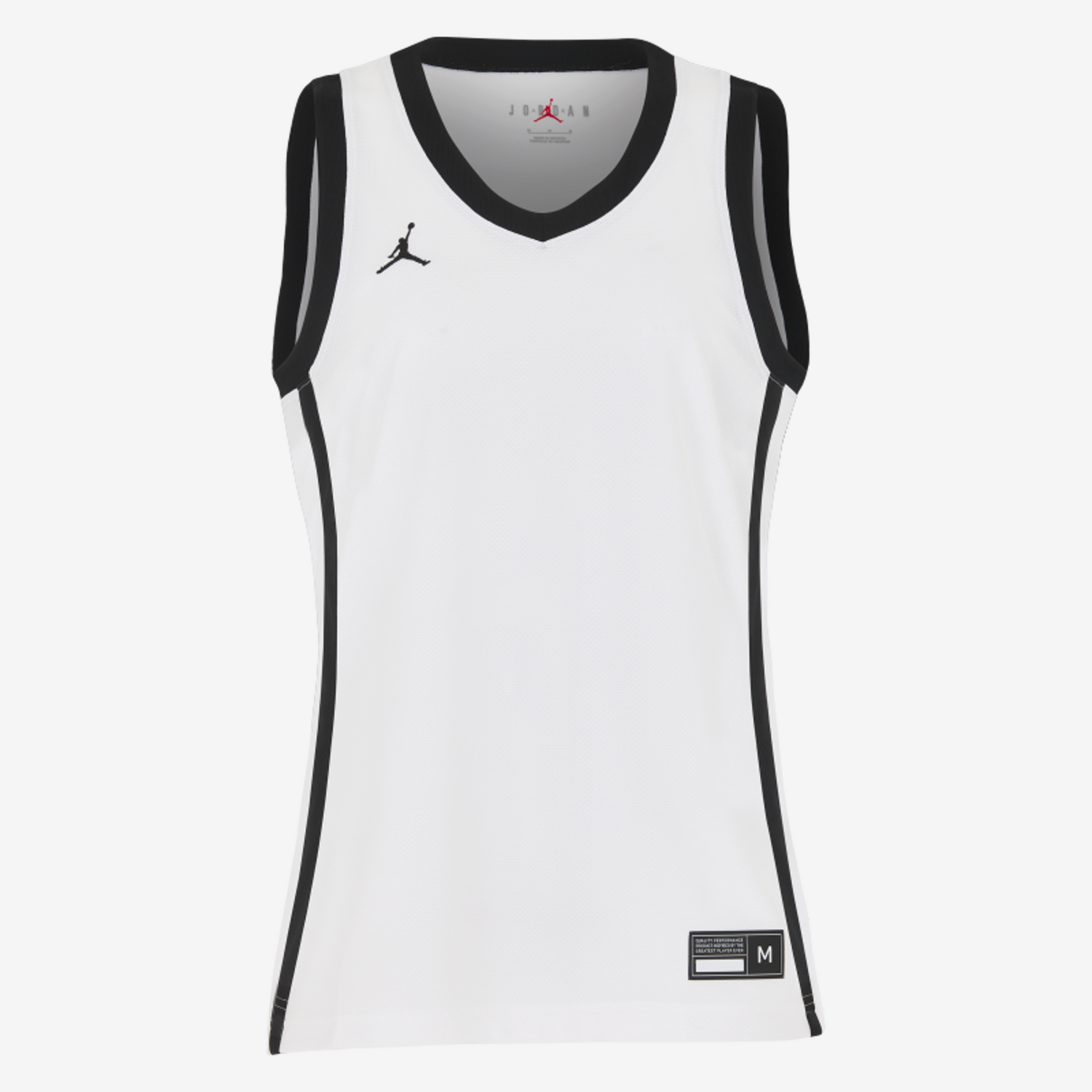 White basketball jersey with black accents and Jordan logo on a white background
