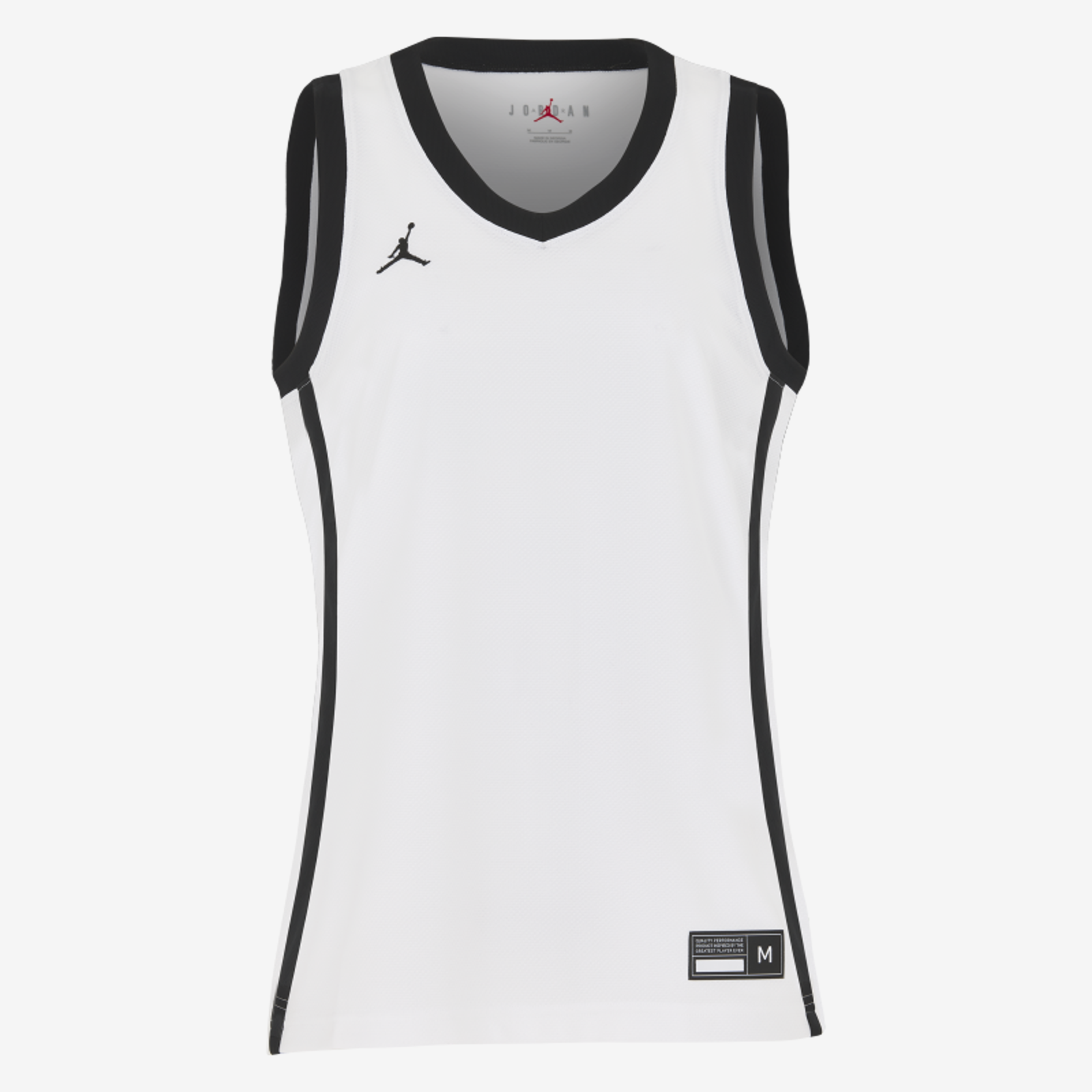 White basketball jersey with black accents and Jordan logo on a white background