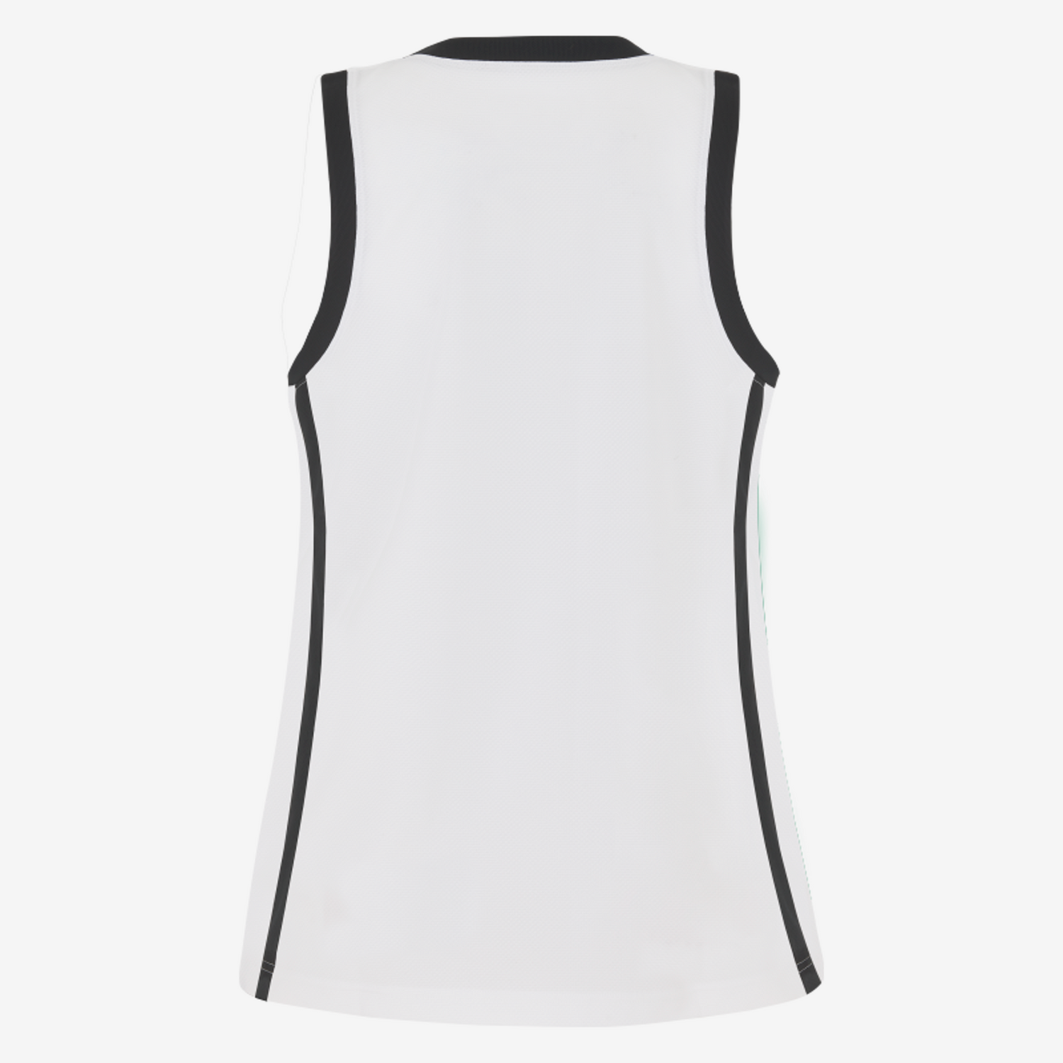 White sleeveless top with black trim on a white background