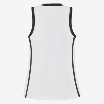 White sleeveless top with black trim on a white background