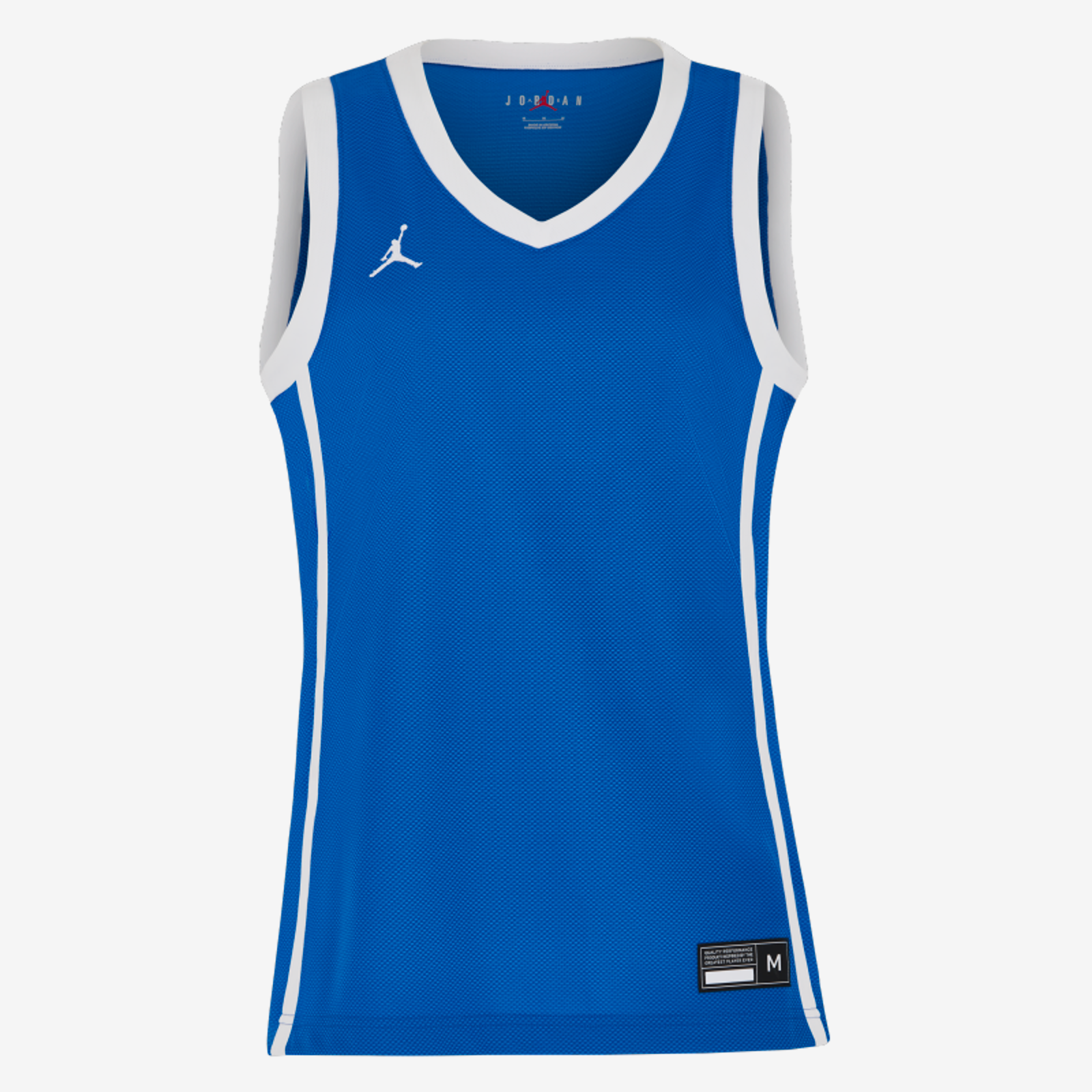 Blue basketball jersey with white accents on a white background