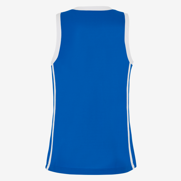 Blue sleeveless sports jersey with white accents on a white background