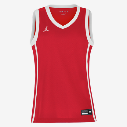 Red basketball jersey with white accents on a white background