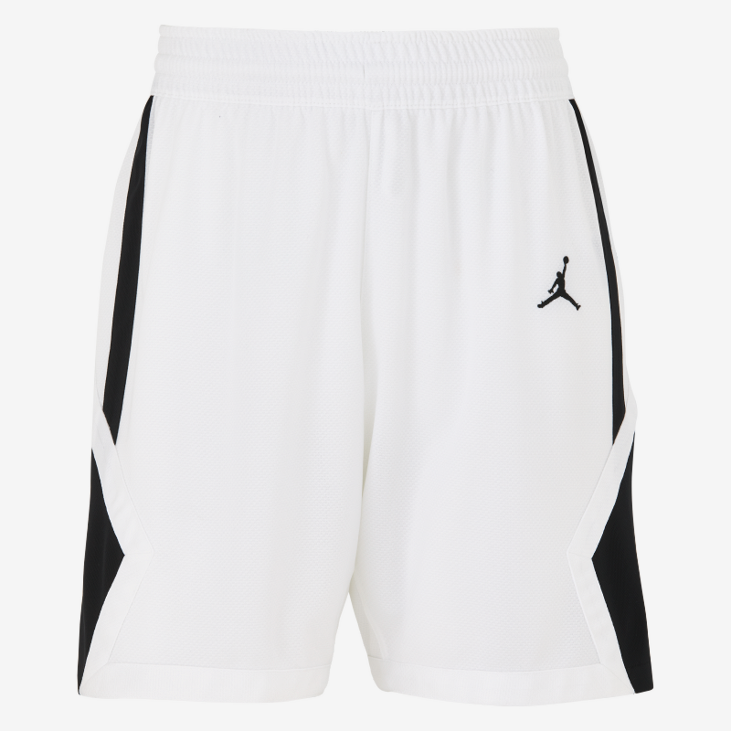 White shorts with black accents and a logo on a white background