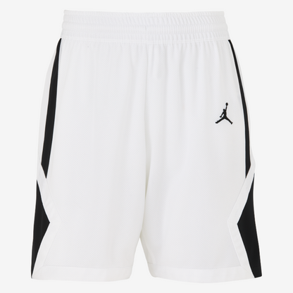 White shorts with black accents and a logo on a white background