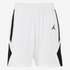 White shorts with black accents and a logo on a white background