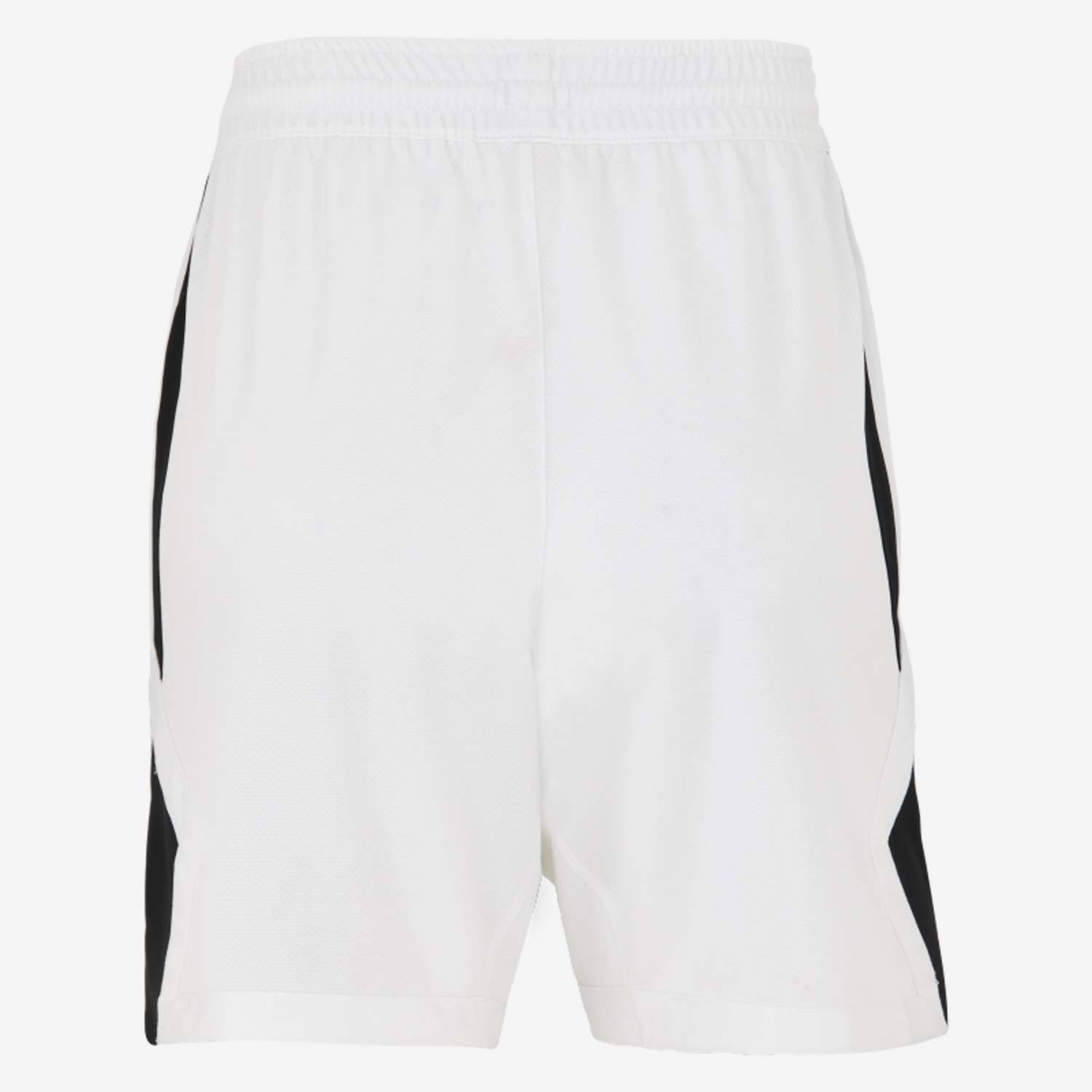 White shorts with black side panels on a white background