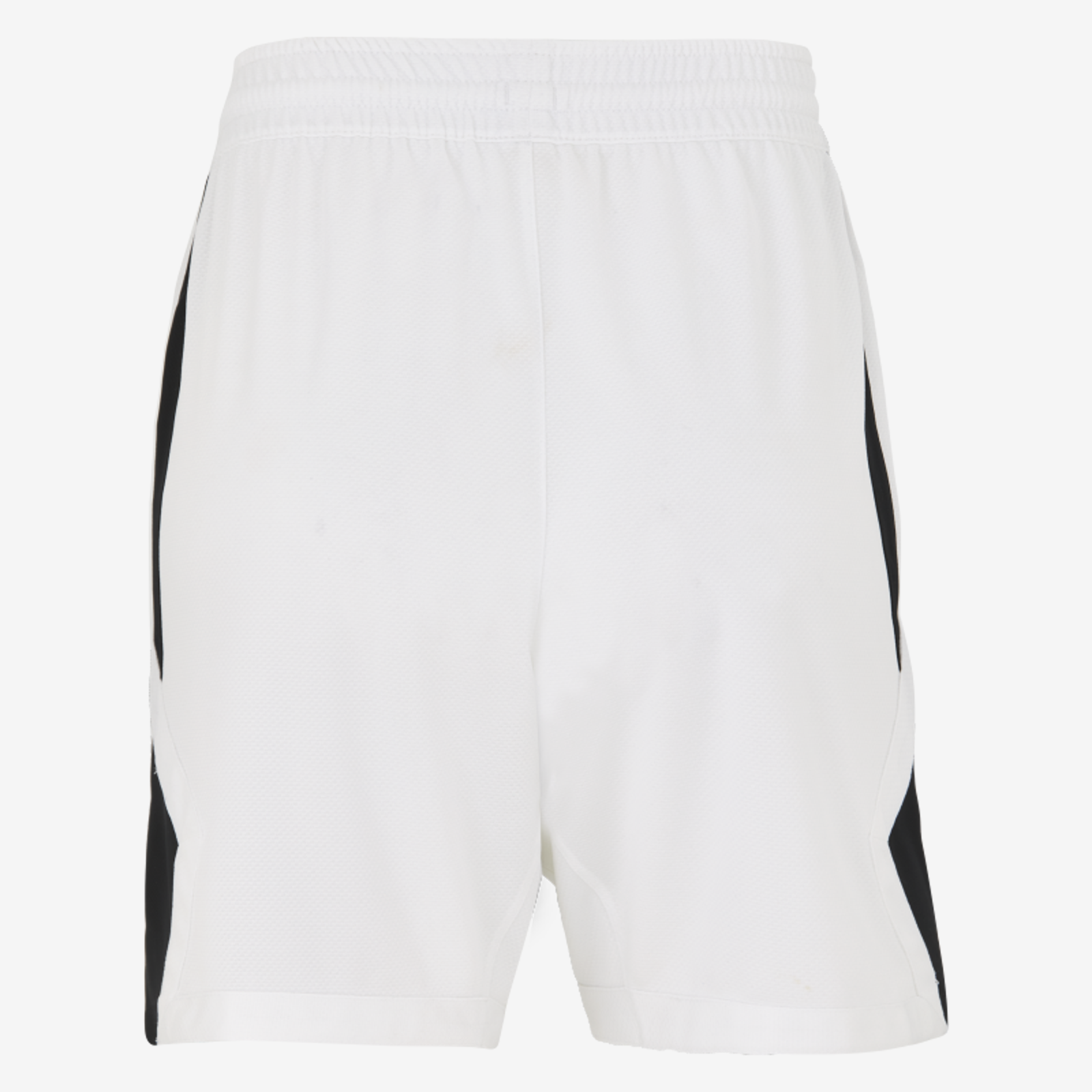 White shorts with black side panels on a white background