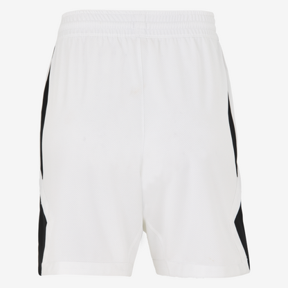 White shorts with black side panels on a white background