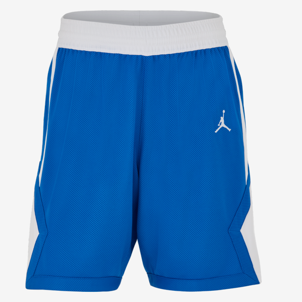 Blue athletic shorts with a white logo on a light gray background