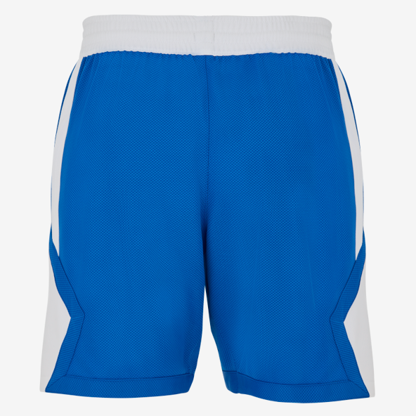 Blue athletic shorts with white accents on a white background