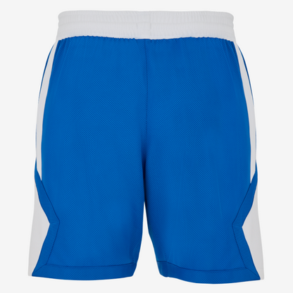 Blue athletic shorts with white accents on a white background