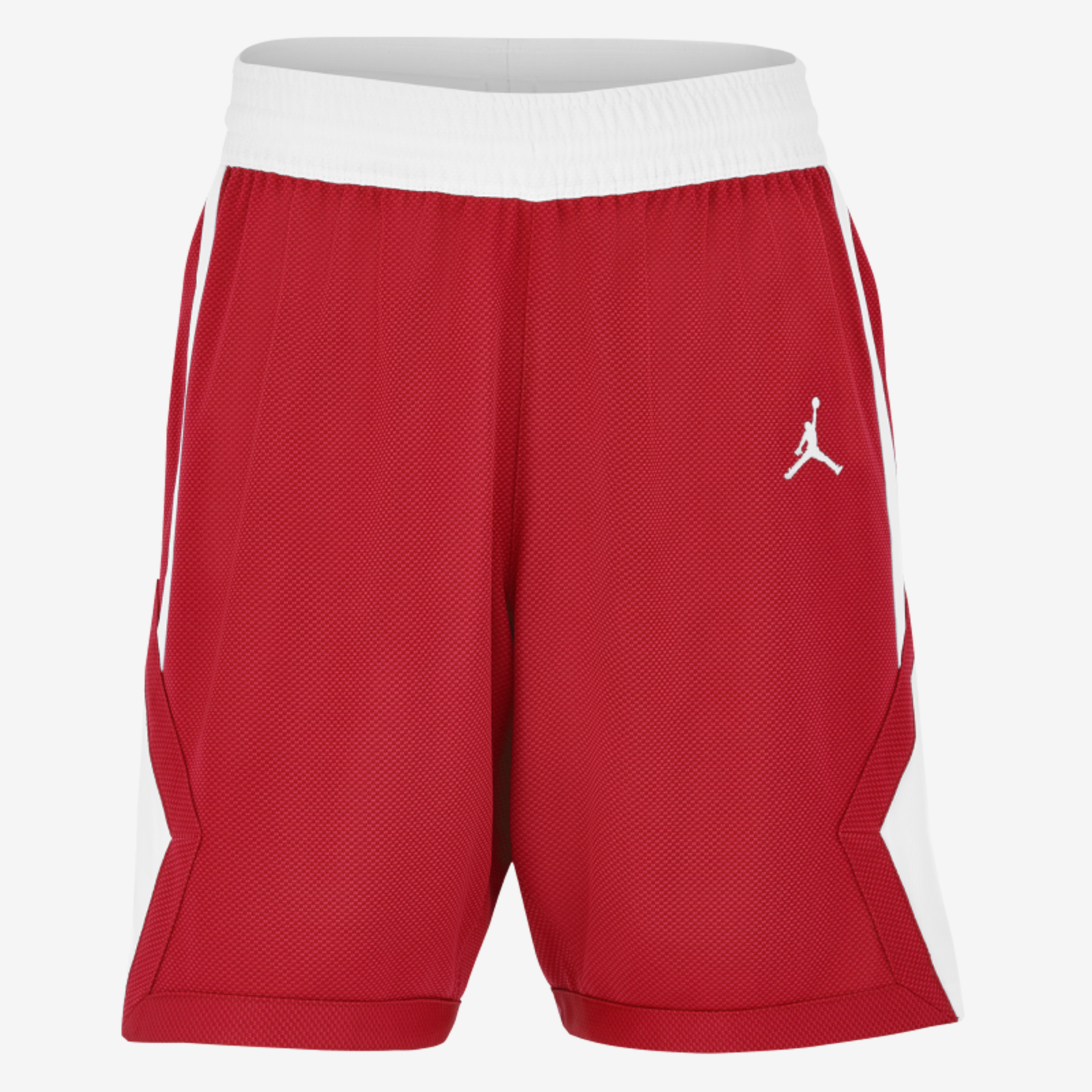Red shorts with a white logo on a white background