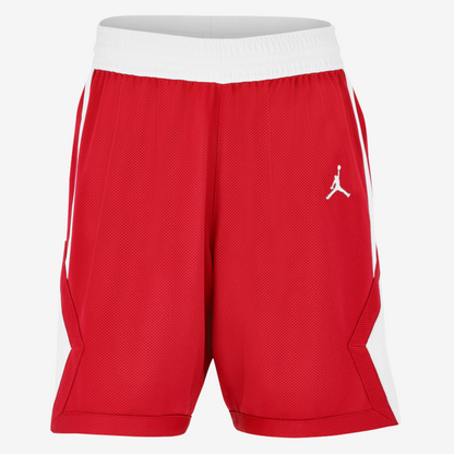 Red shorts with a white logo on a white background