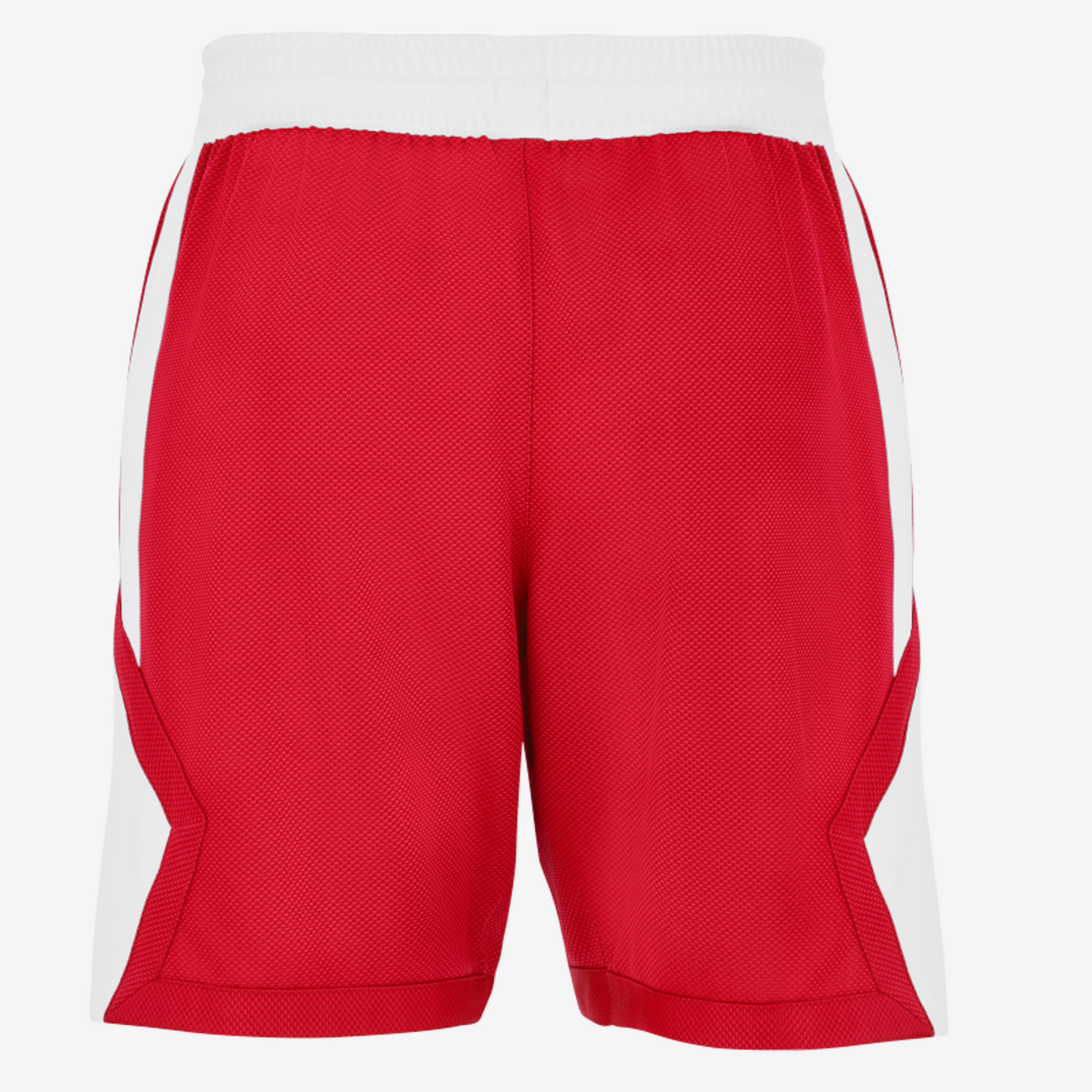 Red athletic shorts with white accents on a white background