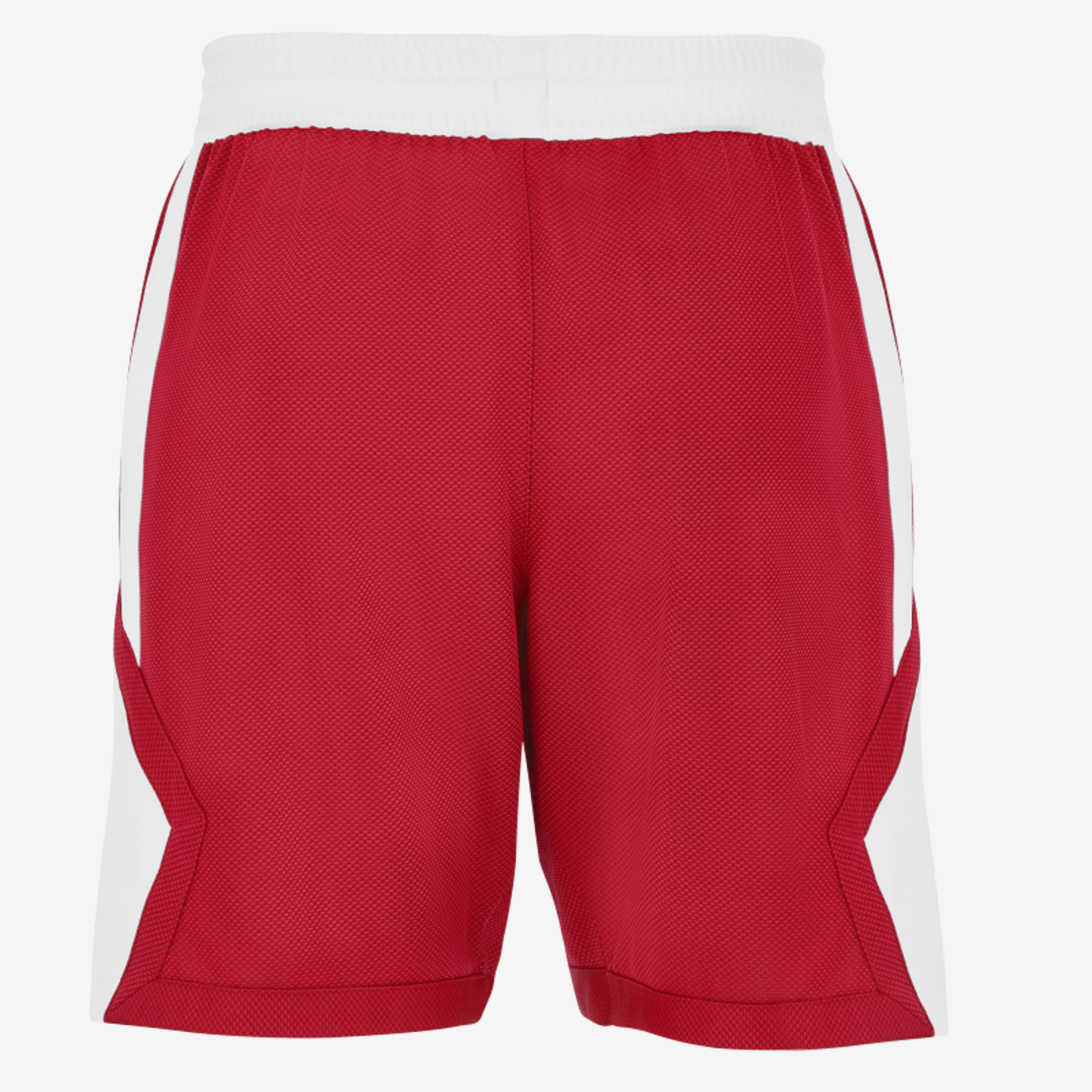 Red athletic shorts with white accents on a white background