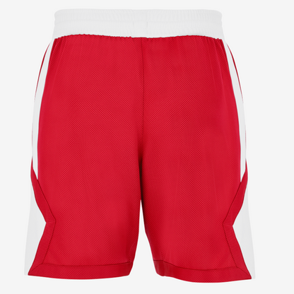 Red athletic shorts with white accents on a white background